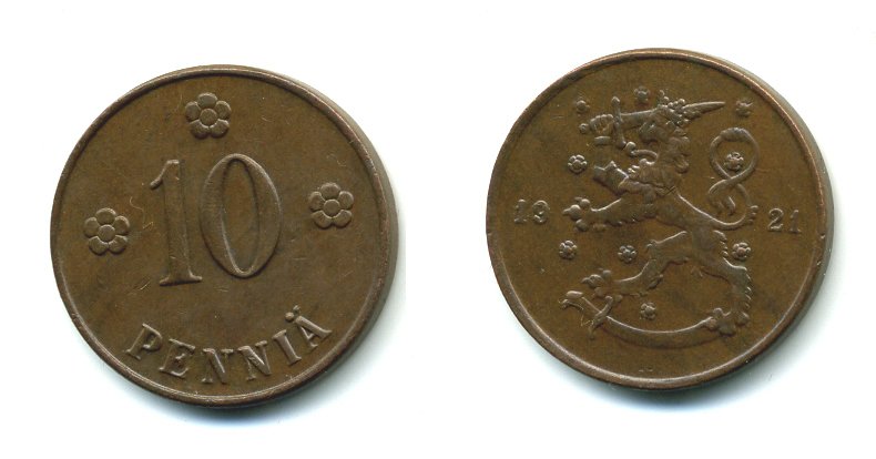 Финляндия 10 пенни 1921 республика (1918-1962) KM 24 медь 46-119
