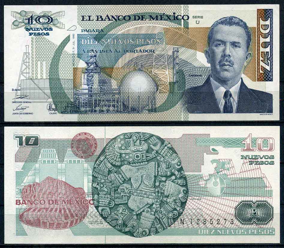 Мексика 10 песо 1992 31 июля 1992, серия U, Ласаро Карденас, президент Pick 95 бумага UNC (пресс) 447-59-1