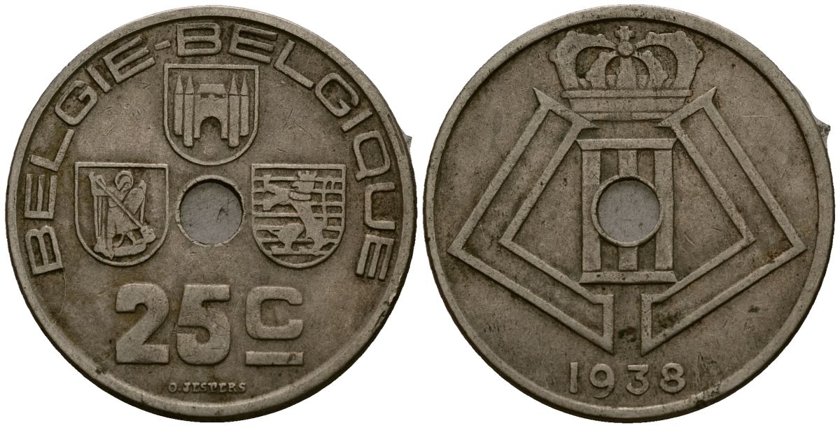 Бельгия 25 сантимов 1938 Belgie - Belgique KM 115 никель латунь 4512-1113