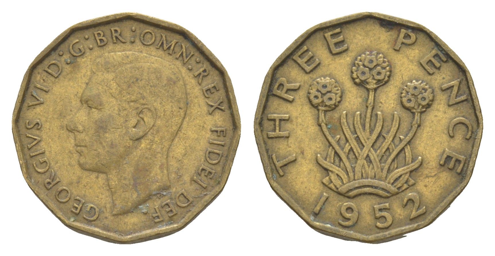 Великобритания 3 пенса 1952 Георг VI (1936-1952) KM 873, Spink?4113 латунь 4571-455