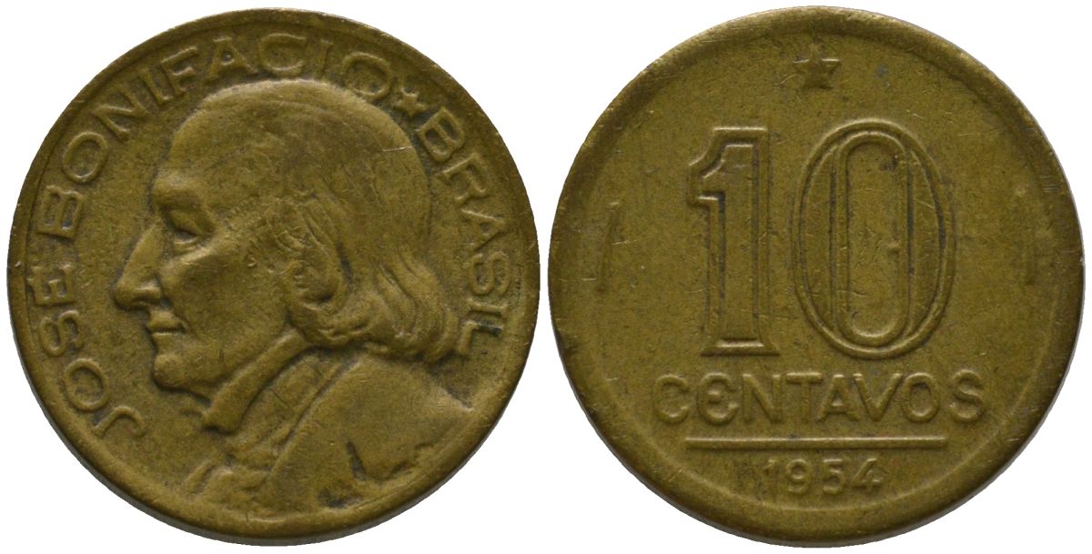 Бразилия 10 сентаво 1954 Жозе Бонифасиу де Андрада и Силва KM 561, Schon 66 алюминиевая бронза 4567-922