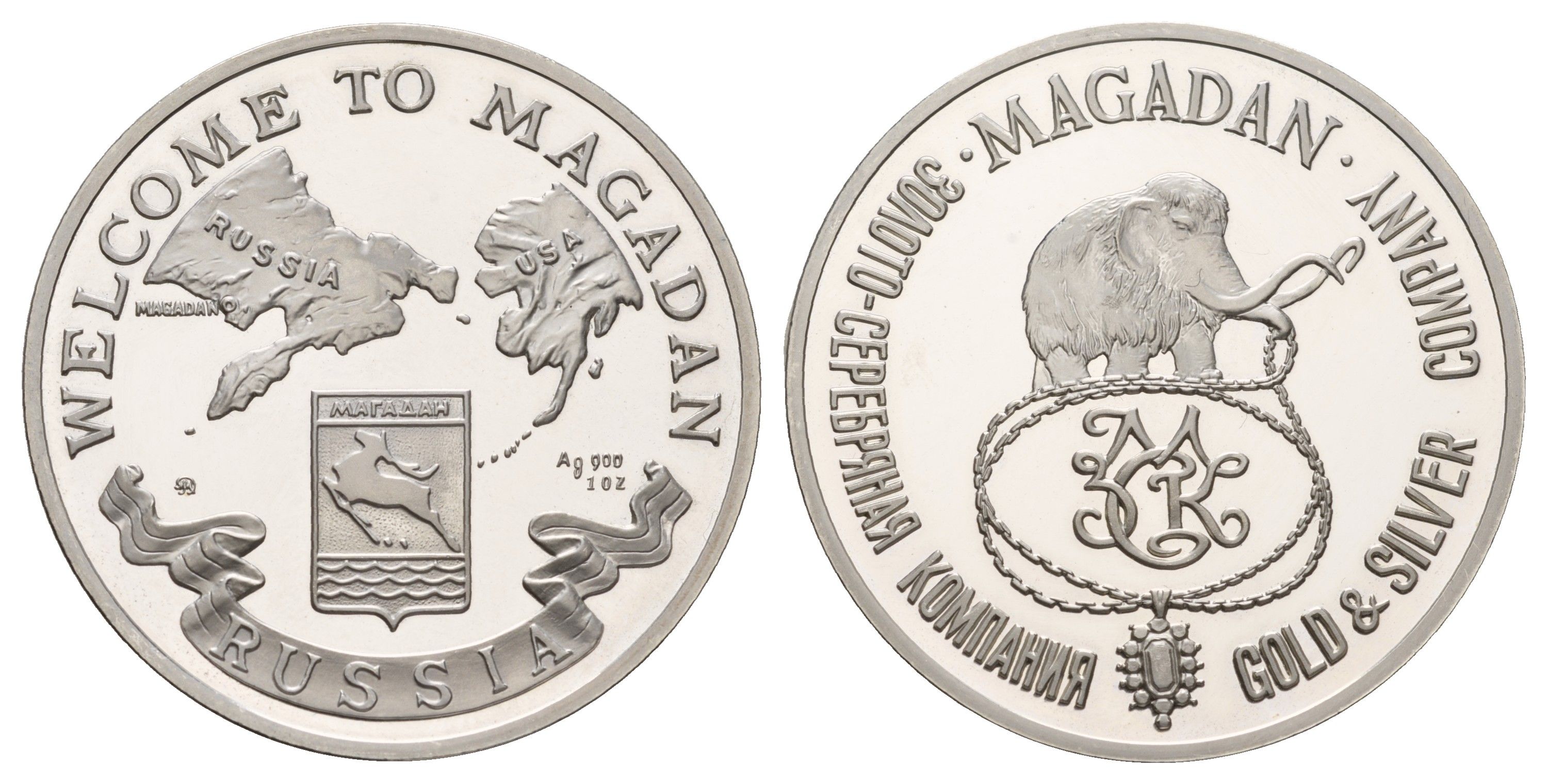 Россия медаль "Welcome to Magadan" ММД, Мамонт, Магадан, вес 34,5 гр (1 унция), диаметр 37,5 серебро PROOF 11-313-23