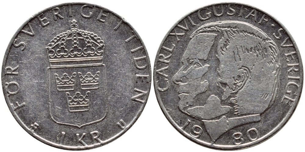 Швеция 1 крона 1980 Карл XVI Густав (1973- ) KM 852 медь плакированная медно-никелем 4397-942