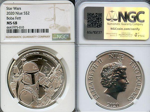 Ниуэ 2 доллара 2020 серия звездные войны, Боба Фетт, в слабе NGC MS 68 KM 3716 серебро  BUNC  15-012-02