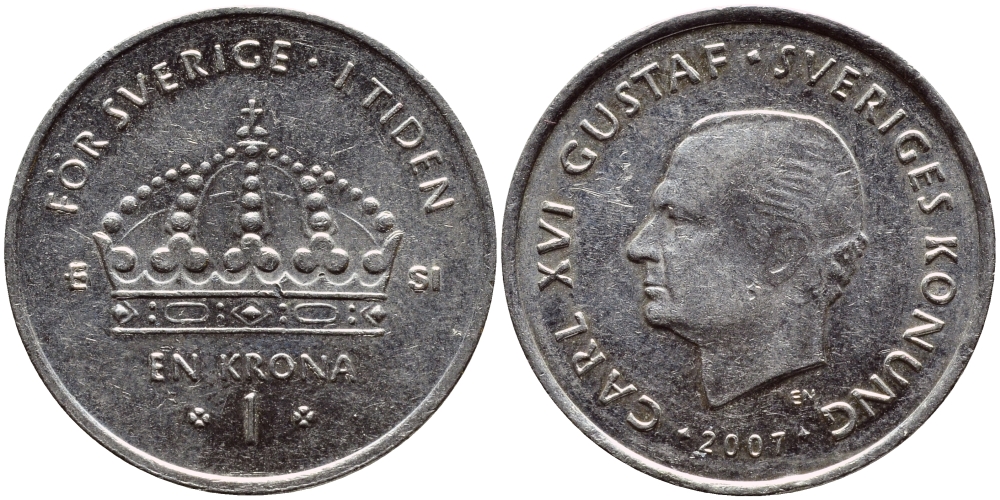Швеция 1 крона 2007 Карл XVI Густав (1973- ) KM 894 медно-никель 176-931