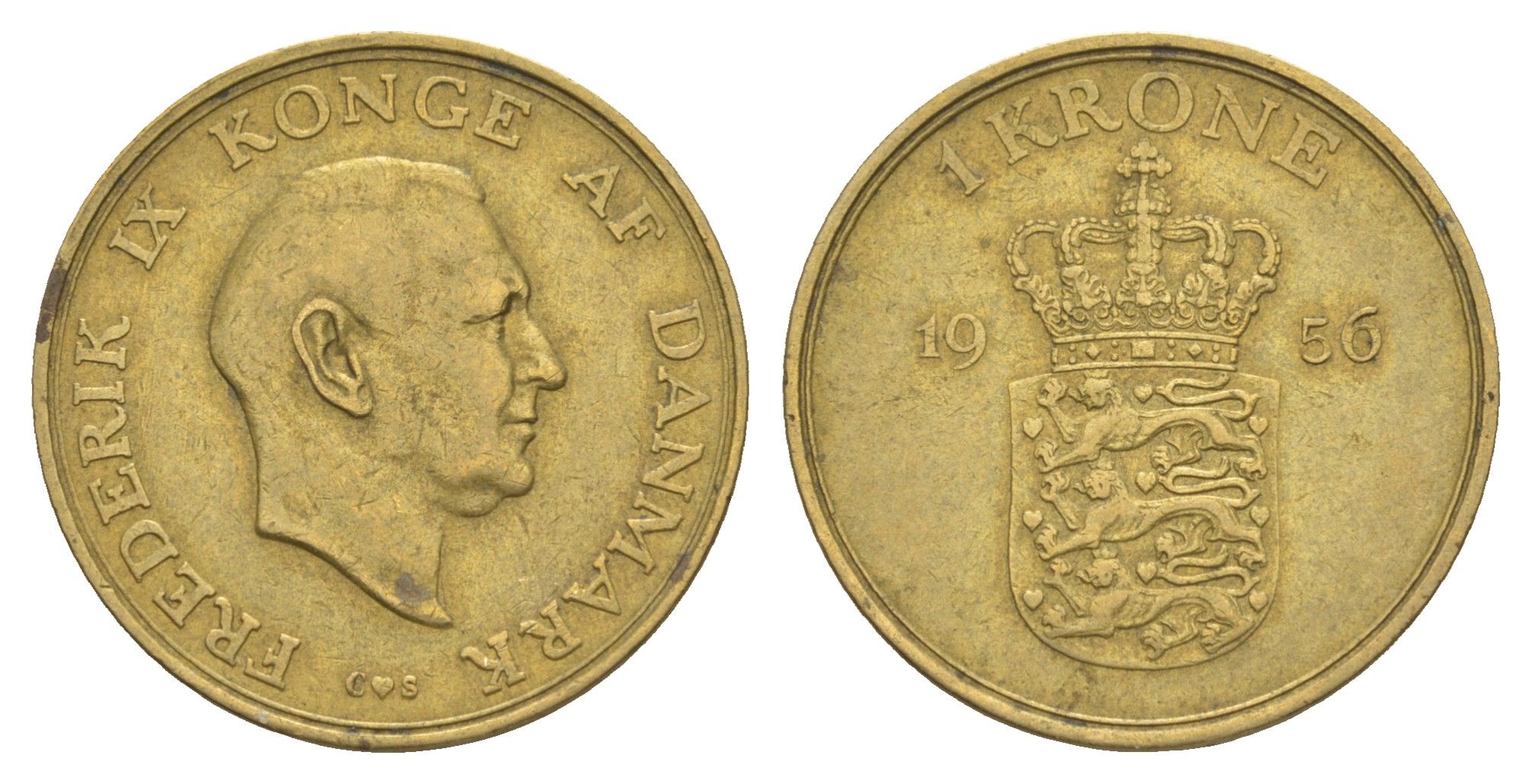 Дания 1 крона 1956 C, Фредерик IX (1947-1972) KM 837 алюминиевая бронза 4638-733