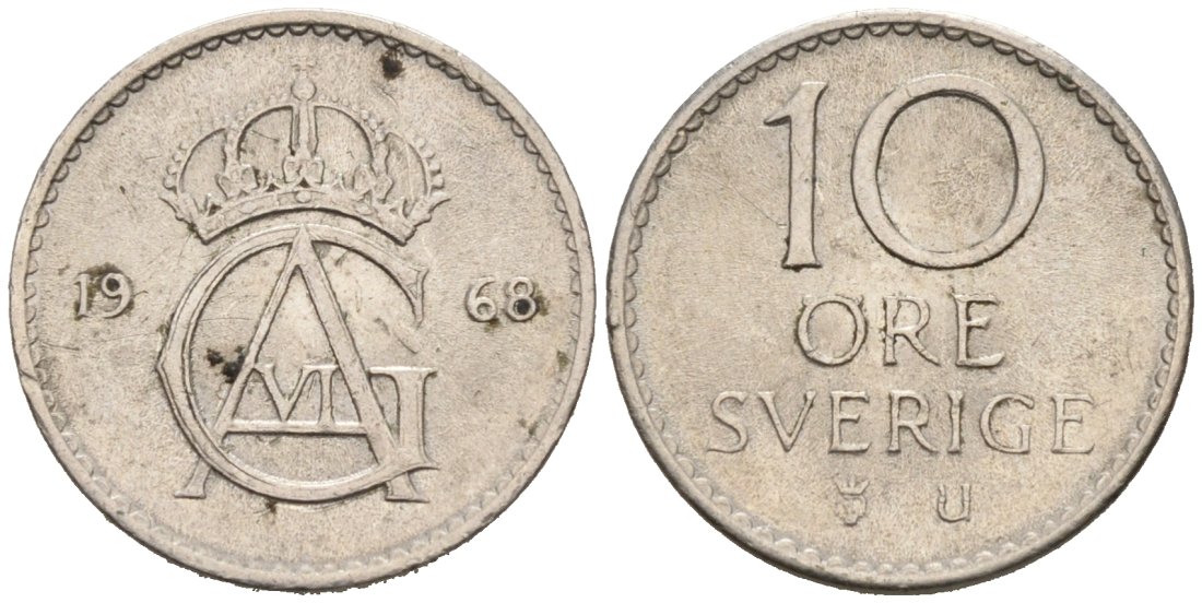 Швеция 10 эре 1968 Густав VI Адольф (1950-1973) KM 835 медно-никель 4564-745