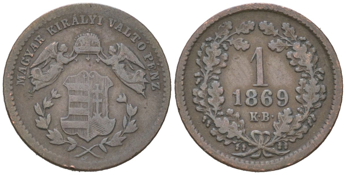 Венгрия 1 крейцер 1869 KB, Франц Иосиф I (1848-1916) KM 441 медь 4567-737