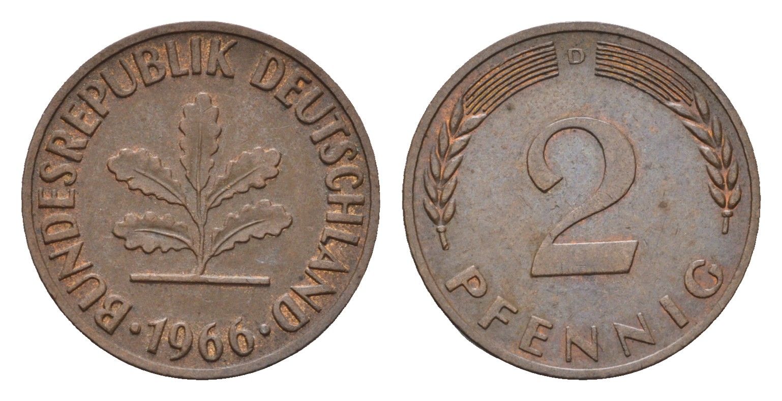 ФРГ 2 пфеннига 1960 D KM 106, J. 381 бронза 4684-239