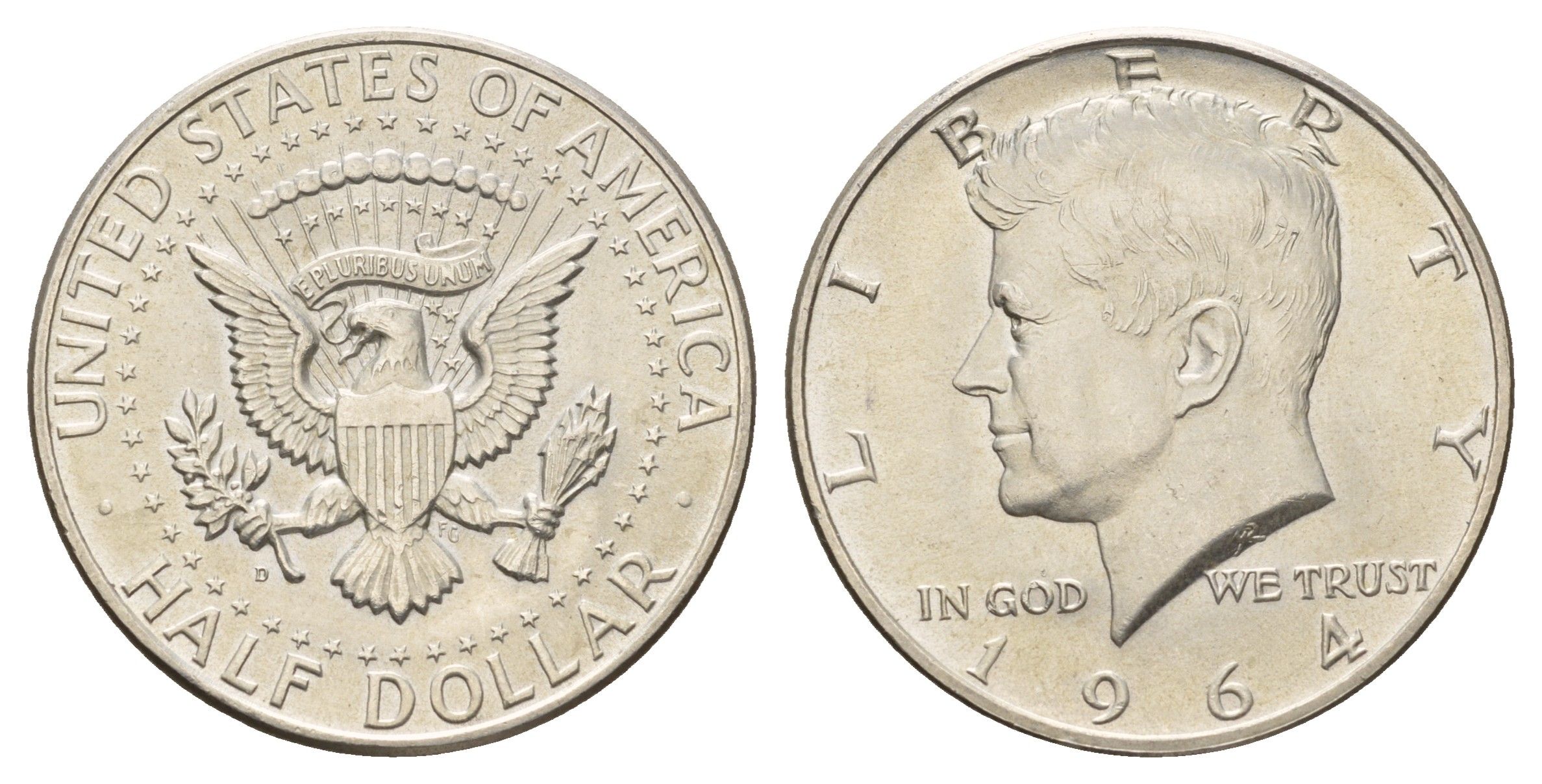 США 1/2 доллара (50 центов) 1964 D, Джон Кеннеди, год-тип KM 202 серебро aUNC 1527-1221