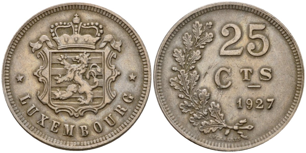 Люксембург 25 сантимов 1927 Шарлотта (1918-1964) KM 37 медно-никель 4122-513