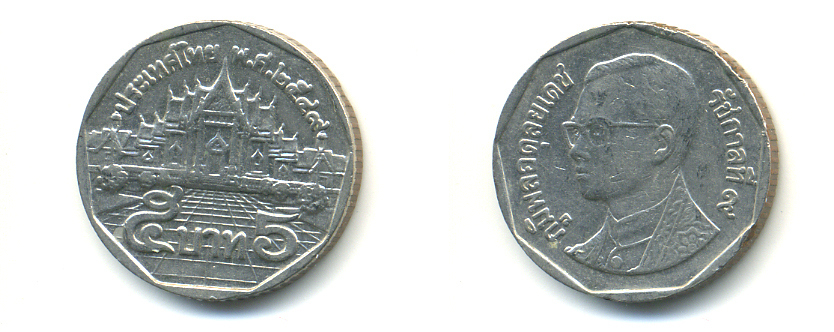 Таиланд 5 батов 2006 BE2549, король Рама IX, дворец KM 219 медь плакированная медно-никелем 177-916