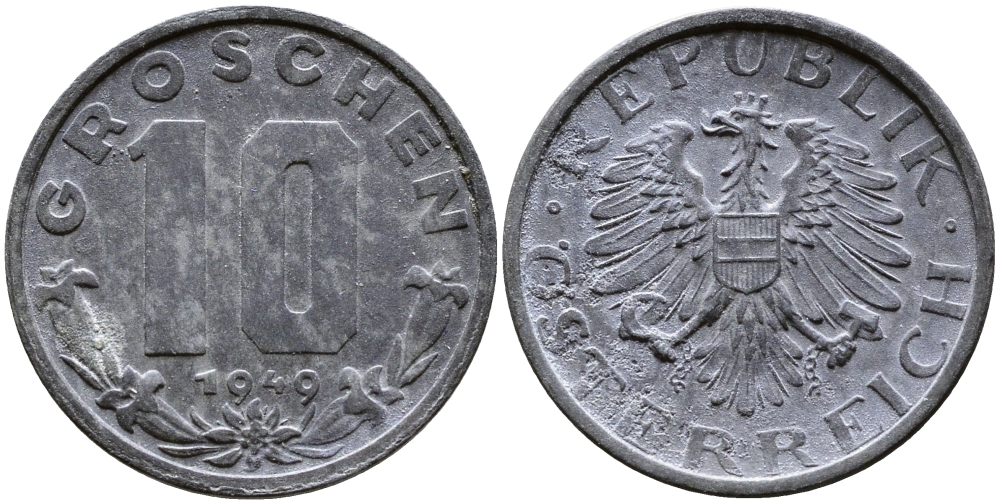 АВСТРИЯ 10 ГРОШЕЙ 1949 KM 2874 цинк 4388-1237