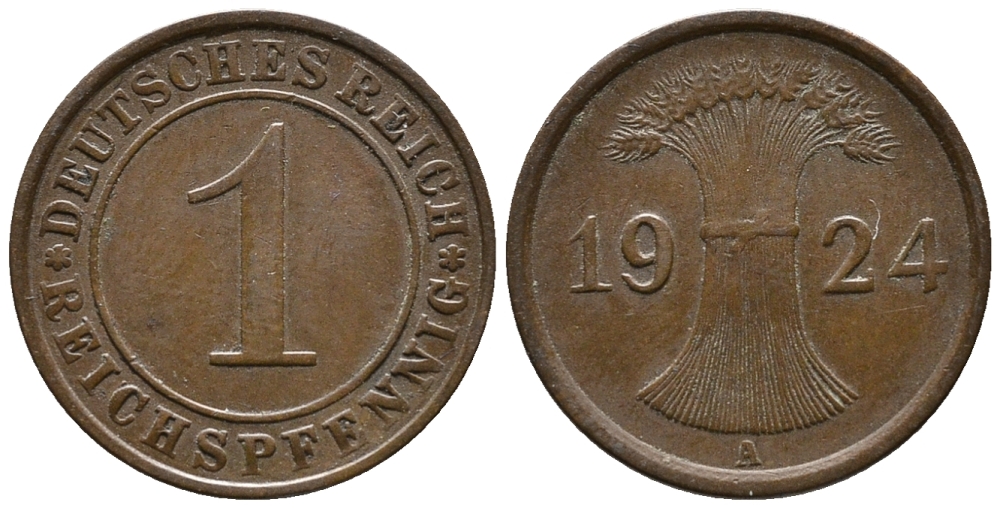ГЕРМАНИЯ 1 РЕЙХСПФЕННИГ 1924 A KM 37, J. 313 бронза 39-851