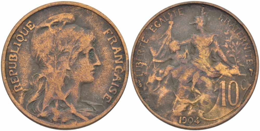 ФРАНЦИЯ 10 САНТИМОВ 1904 ТИП ДАНИЭЛЬ ДЮПЮИ KM 843, LA FRANC 136.14 бронза 109-214