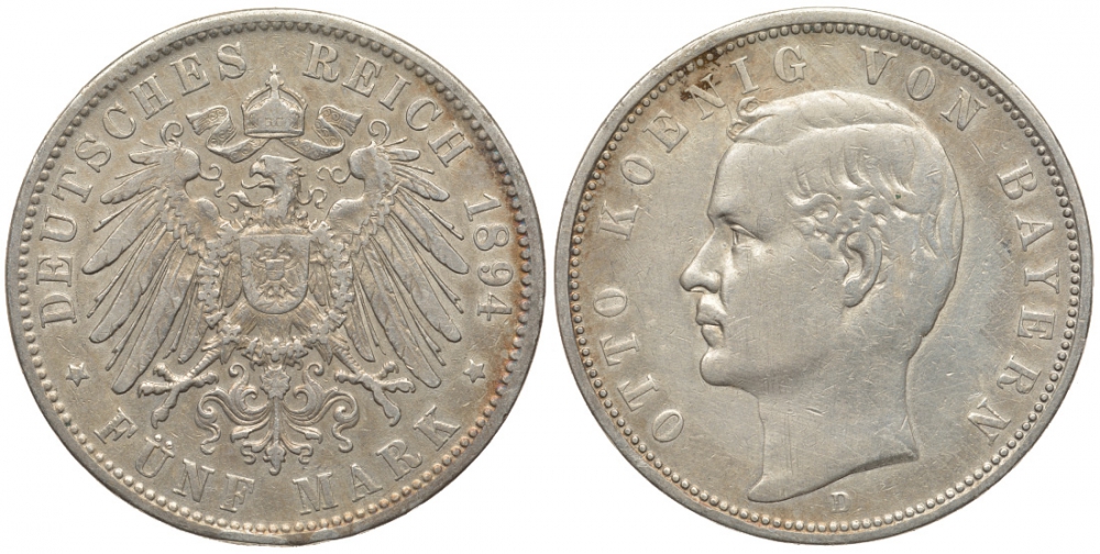 Бавария 5 марок 1894 D, Отто (1886-1913) Weege 47, J. 46, KM 512 серебро 413-4925