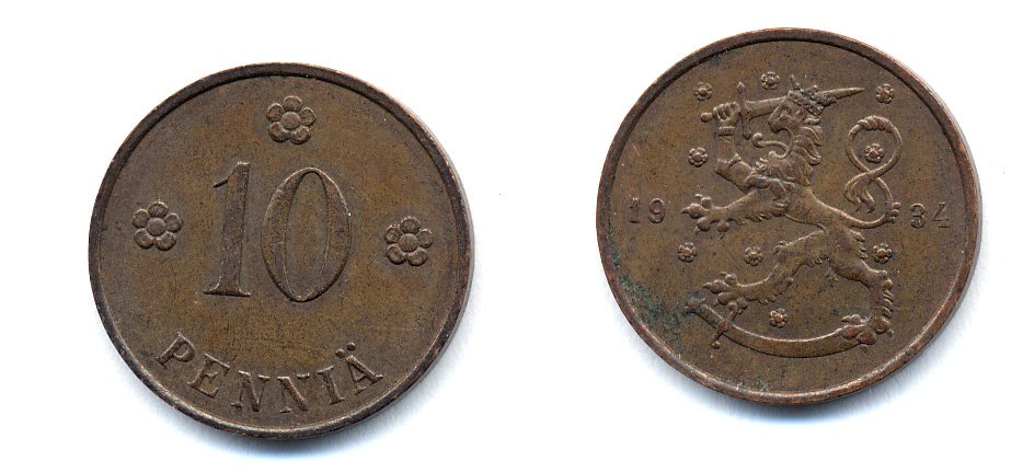 Финляндия 10 пенни 1934 республика (1918-1962) KM 24 медь 51-5415