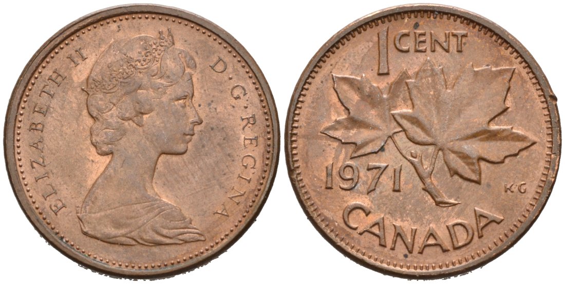 Канада 1 цент 1971 Елизавета II (1952-2022), кленовый лист KM 59.1 бронза 4564-849