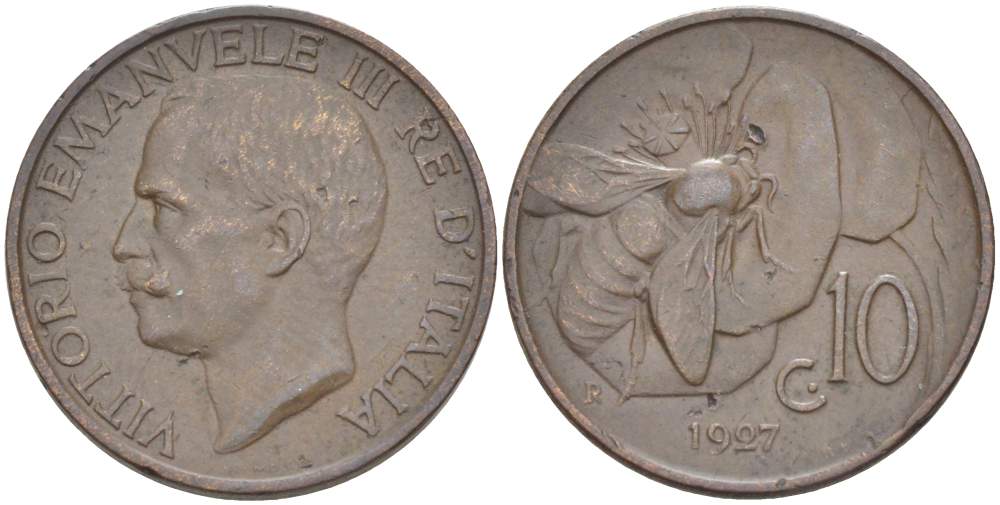 ИТАЛИЯ 10 ЧЕНТЕЗИМО 1927 R, МОНДВОР РИМ, ВИКТОР ЭММАНУИЛ III (1900-1946) KM 60 медь 4525-311