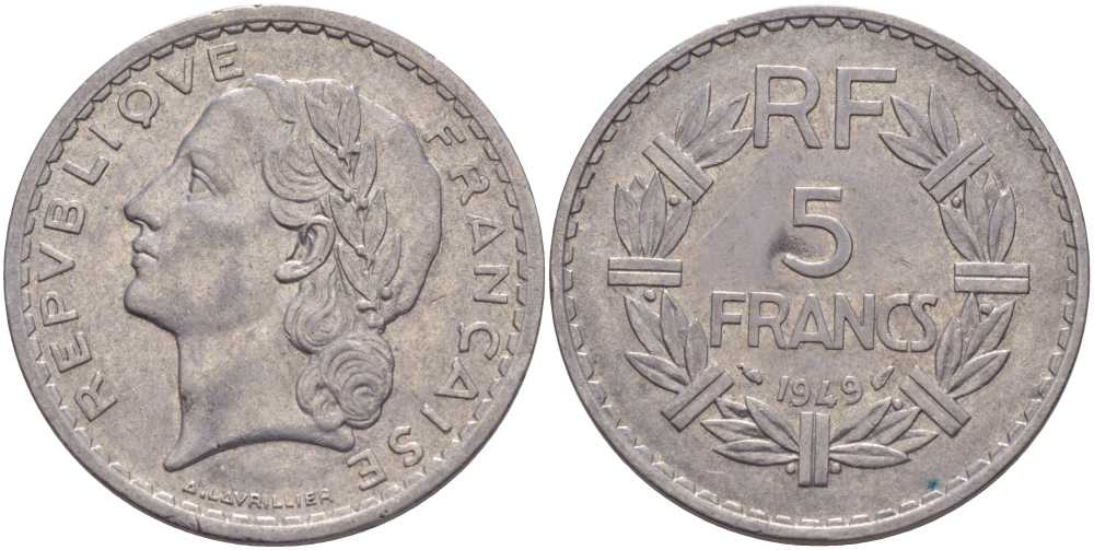 Франция 5 франков 1949 тип Лаврийе KM 888b.1, LE FRANC 339.17 алюминий 3333-141
