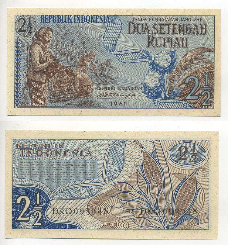 ИНДОНЕЗИЯ 2 1/2 РУПИИ 1961 Pick 79 бумага UNC (ПРЕСС) 6294-40-1