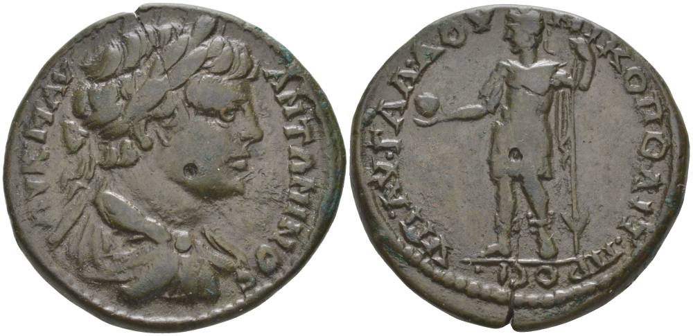 Римская Империя, Провинция Нижняя Мезия, Никополь-на-Истре АЕ 211 - 217 Каракалла, бюст императора / стоящий император, 11,82 гр медь 1073-22-51