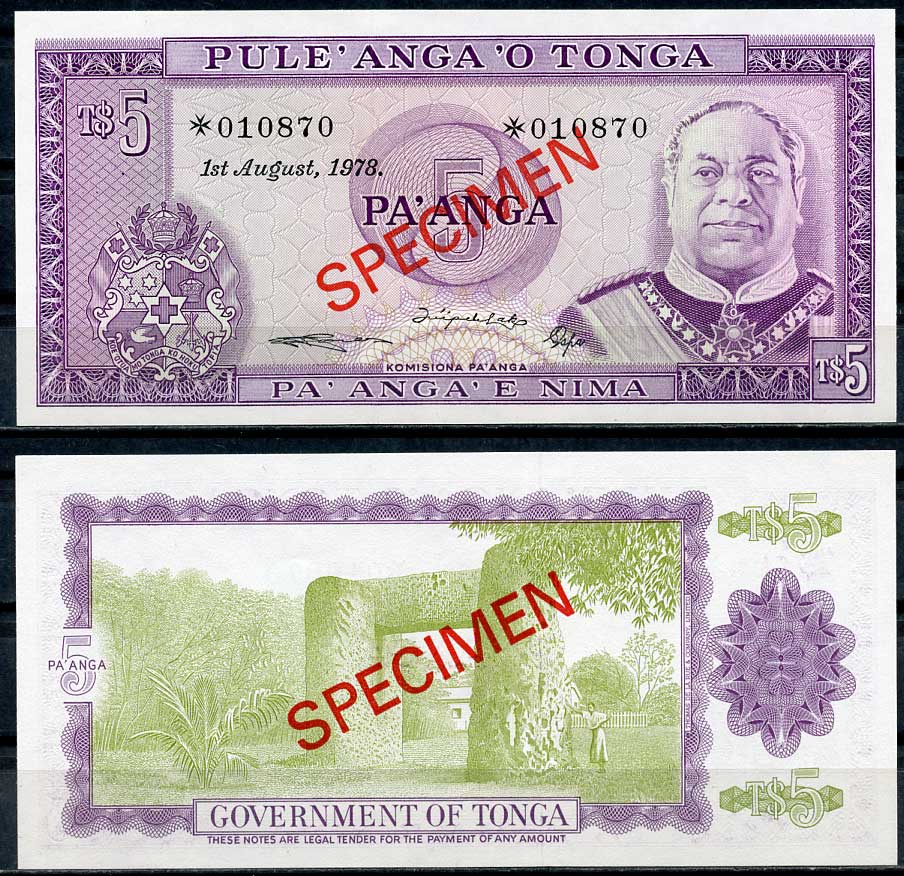 Тонга 1, 2, 5 и 10 паанга 1978 образец, Specimen, № 010870 Pick 19 s, 20 s, 21 s, 22 s  бумага  UNC (пресс) 451-4-2