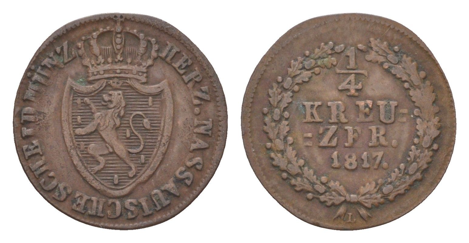 Нассау 1/4 крейцера 1817 L KM 41 медь 4623-523