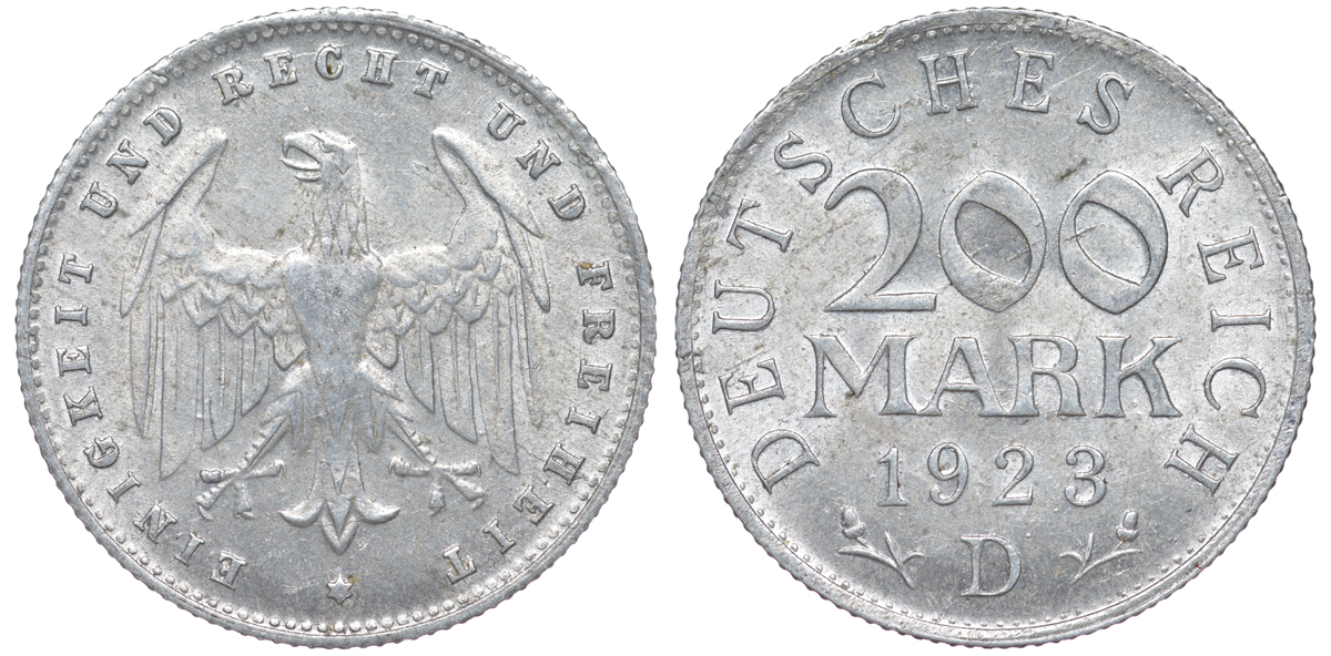 Германия 200 марок 1923 D KM 35, J. 304, Weege 22 алюминий 4604-615
