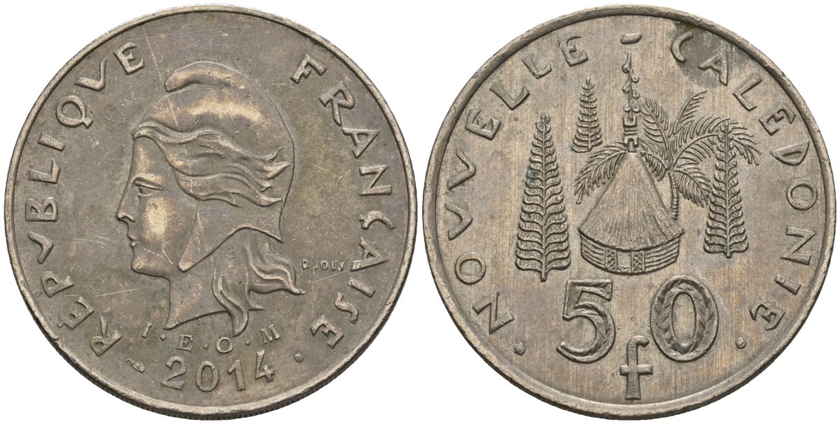 Французская Новая Каледония 50 франков 2014 хижина среди сосен и пальм, (IEOM) KM 13a, Schoen 15a, Lec 128i медно-никель 4111-1112