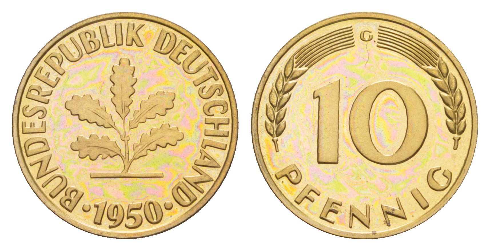 ФРГ 10 пфеннигов 1950 G, тираж 1.800 экземпляров KM 108, J. 383 сталь плакированная латунью PROOF 11-132-45