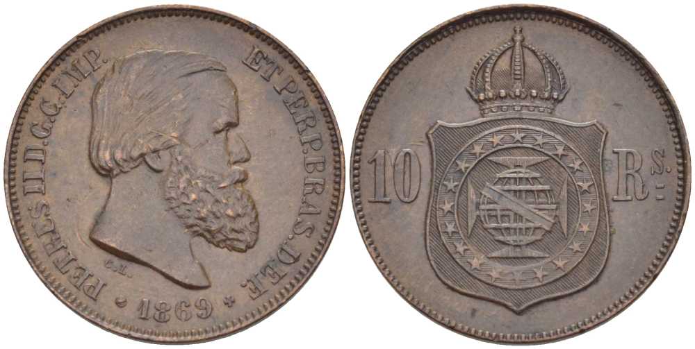 Бразилия 10 реалов (рейсов) 1869 Брюссель, Педро II KM 473 бронза     633-733