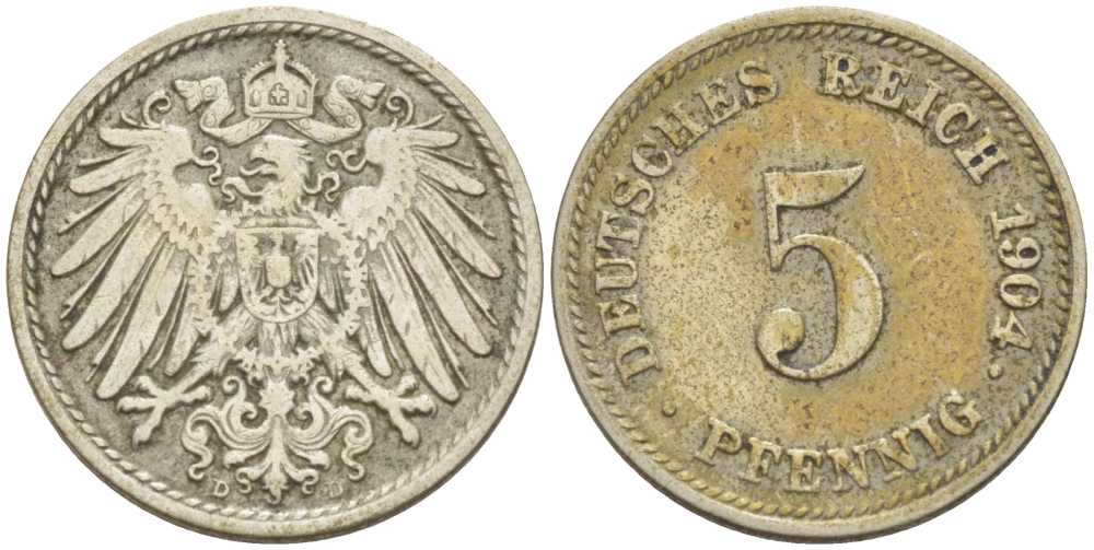ГЕРМАНИЯ 5 ПФЕННИГОВ 1904 D KM 11, J. 12, Weege 6 медно-никель 206-937