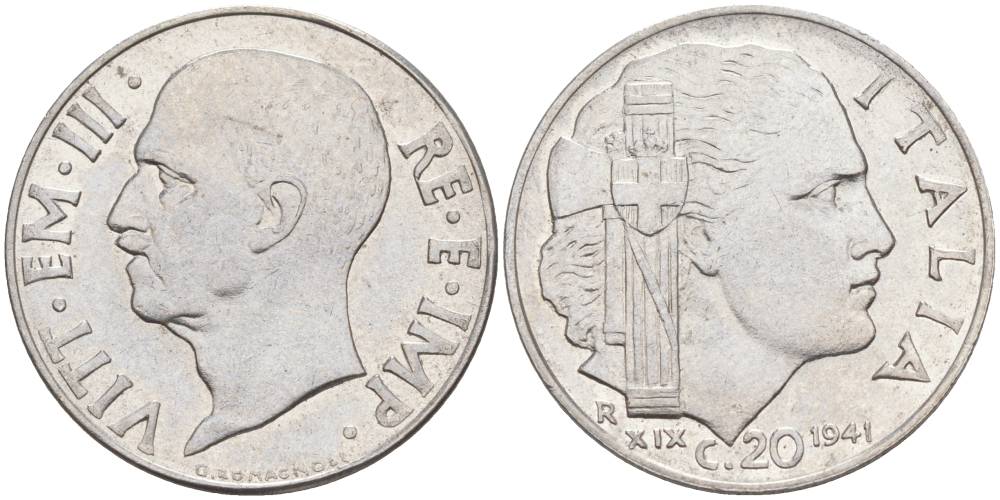 ИТАЛИЯ 20 ЧЕНТЕЗИМО 1941 R, ГОД XIX, ВИКТОР ЭММАНУИЛ III (1900-1946) KM 75b, VEM3. 1028 нержавеющая сталь 3853-937