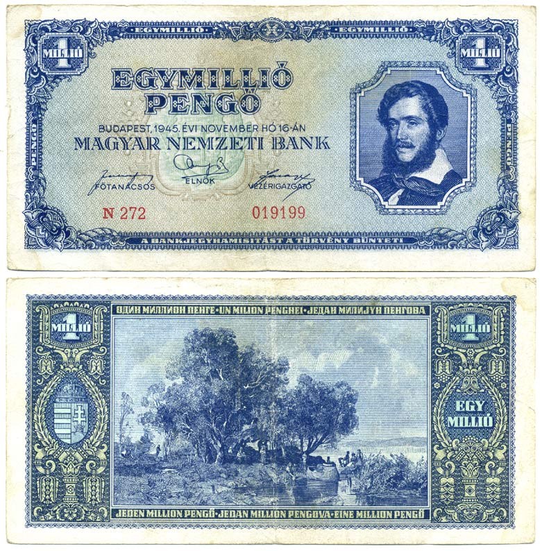Венгрия 1000000 пенго 1945 Лайош Кошут, на берегу озера Балатон Pick 122 a  бумага 6289-35-3-2