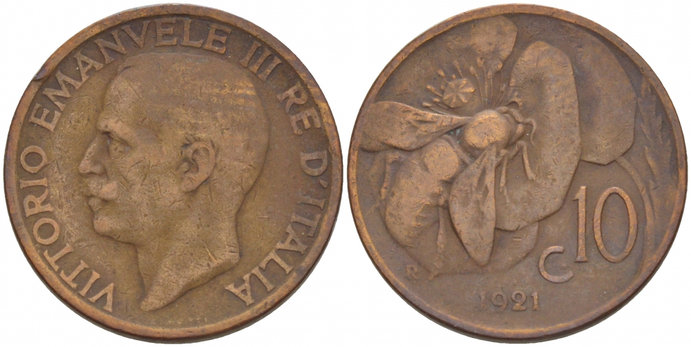 ИТАЛИЯ 10 ЧЕНТЕЗИМО 1921 R, МОНДВОР РИМ, ВИКТОР ЭММАНУИЛ III (1900-1946) KM 60 медь 4544-957