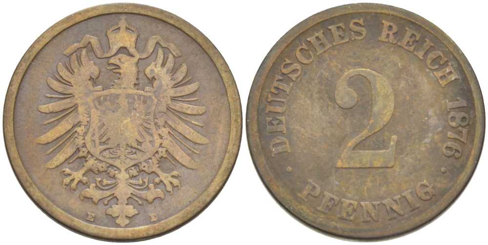 Германия 2 пфеннига 1876 E, старогербовка KM 2, Jager 2, Weege 3 медь 212-714
