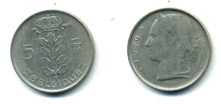 БЕЛЬГИЯ 5 ФРАНКОВ 1976 BELGIQUE KM 134.1 медно-никель 25-1526