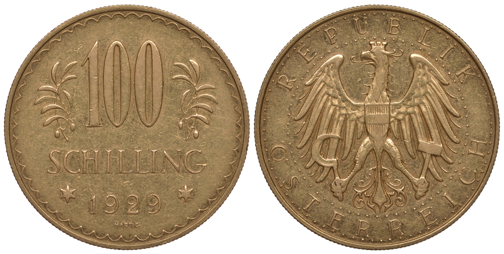 Австрия 100 шиллингов 1929 KM 2842, Fr. 520, J. 437 золото 00-000-00