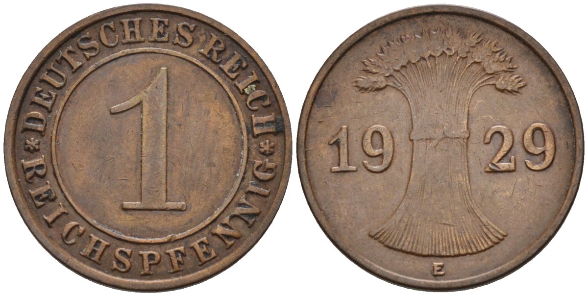 Германия 1 рейхспфенниг 1929 E KM 37, J.313, Weege 2 медь 4585-612