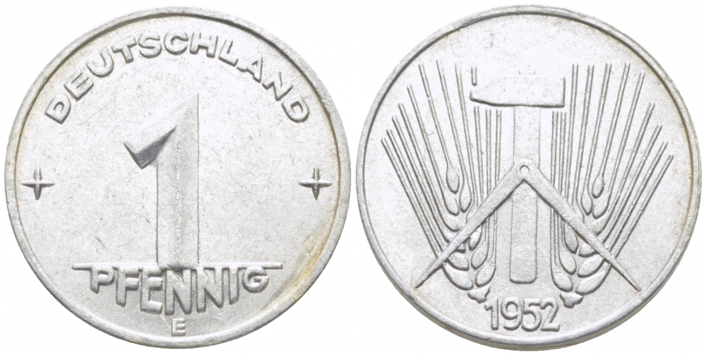 ГДР 1 ПФЕННИГ 1952 E KM 5 алюминий 105-1233