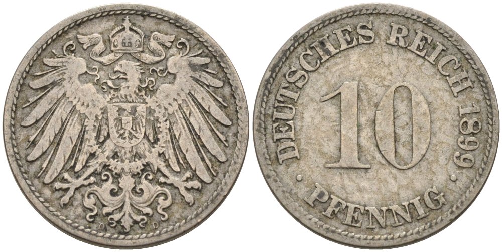 Германия 10 пфеннигов 1899 D KM 12, J. 13 медно-никель 4575-555
