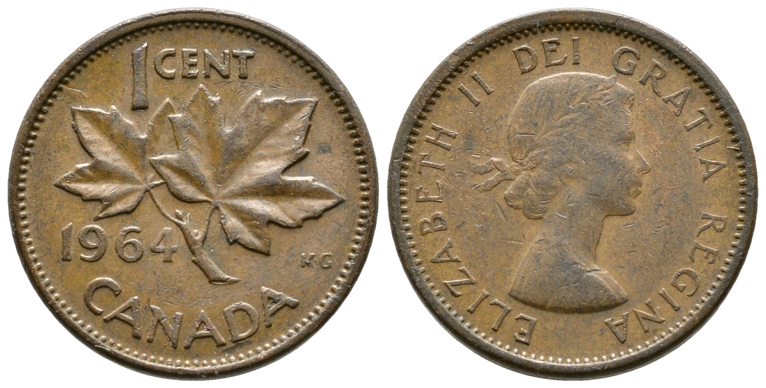 Канада 1 цент 1964 Елизавета II (1952-2022), кленовый лист KM 49 бронза 3999-812