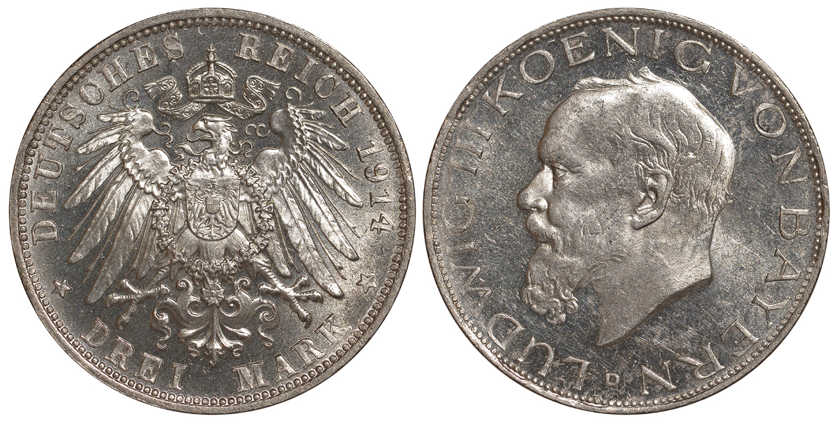 Бавария 3 марки 1914 D, Людвиг III (1913-1918) Weege 52, J. 52, KM 520 серебро 413-3812