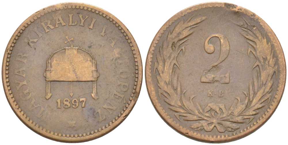 Венгрия 2 филлера 1897 KB, Франц Иосиф I (1848-1916) KM 481 бронза 201-223