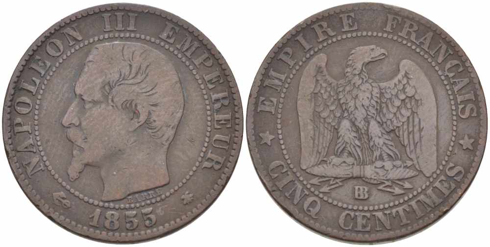 Франция 5 сантимов 1855 BB, Наполеон III (1852-1870) KM 777.3, LE FRANC 116.21 бронза 108-342