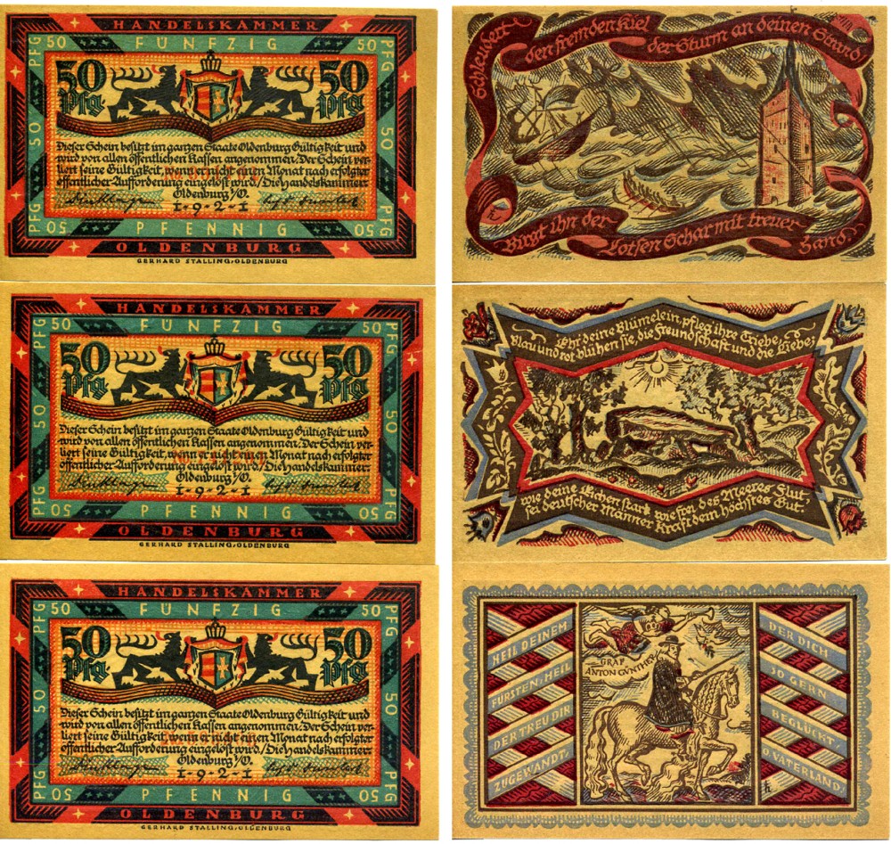 ОЛЬДЕНБУРГ лот из 3 БАНКНОТ ПО 50 пфеннигов 1921 НОТГЕЛЬД, ЗЕМЛЯ НИЖНЯЯ САКСОНИЯ Grabowski 1017.1b бумага 2195-8-3-1