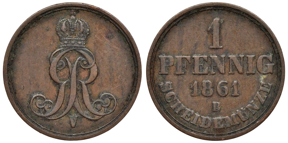 Ганновер 1 пфенниг 1861 B, Георг V KM 233, AKS 156, J. 90 медь 4594-549