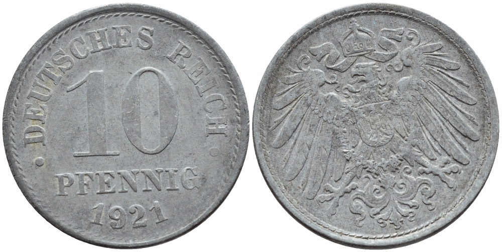 ГЕРМАНИЯ 10 ПФЕННИГОВ 1921 KM 26, J. 299 цинк 4395-1256