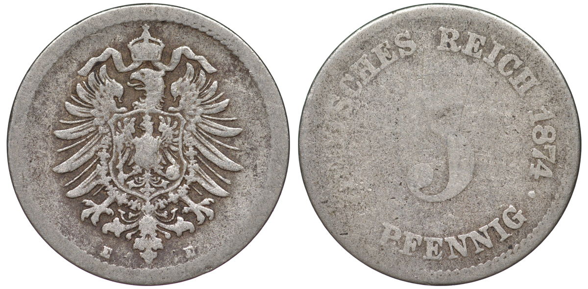 ГЕРМАНИЯ 5 ПФЕННИГОВ 1874 E, СТАРОГЕРБОВКА KM 3, J. 3 медно-никель 45-438